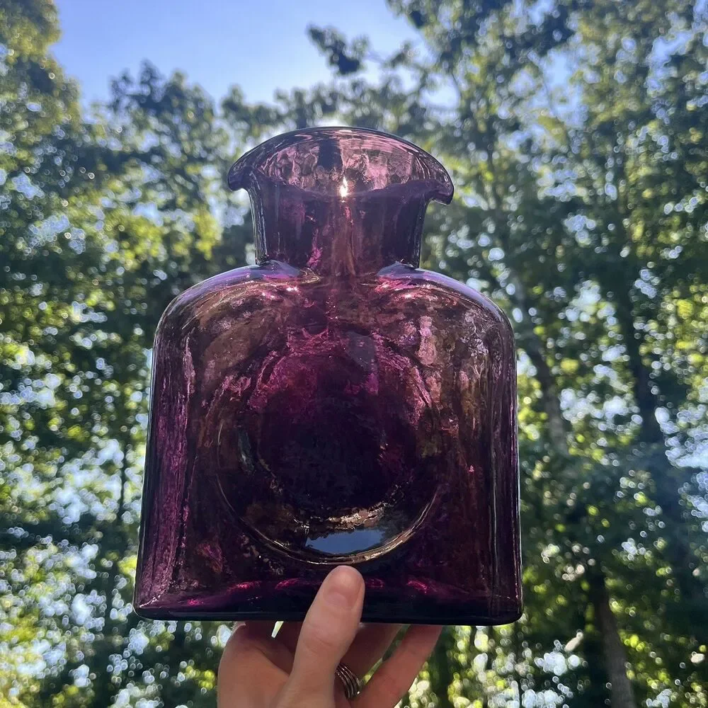Blenko #384 Amethyst Double Spout Water Bottle Hand Blown MCM Glass 2001 Signed